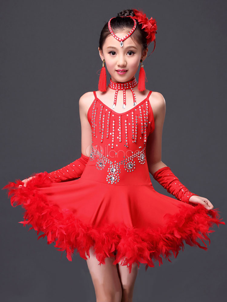Latin Dance Costume Kid's Red Beading Feather Tutu Performance Dress