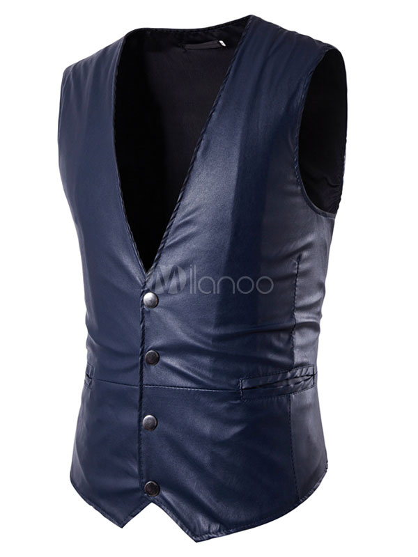 Deep Blue Vest Jacket Men's V Neck Sleeveless Short Regular Fit ...