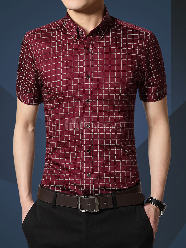 Burgundy Men's Shirt Turndown Collar Short Sleeve Printed Slim Fit ...