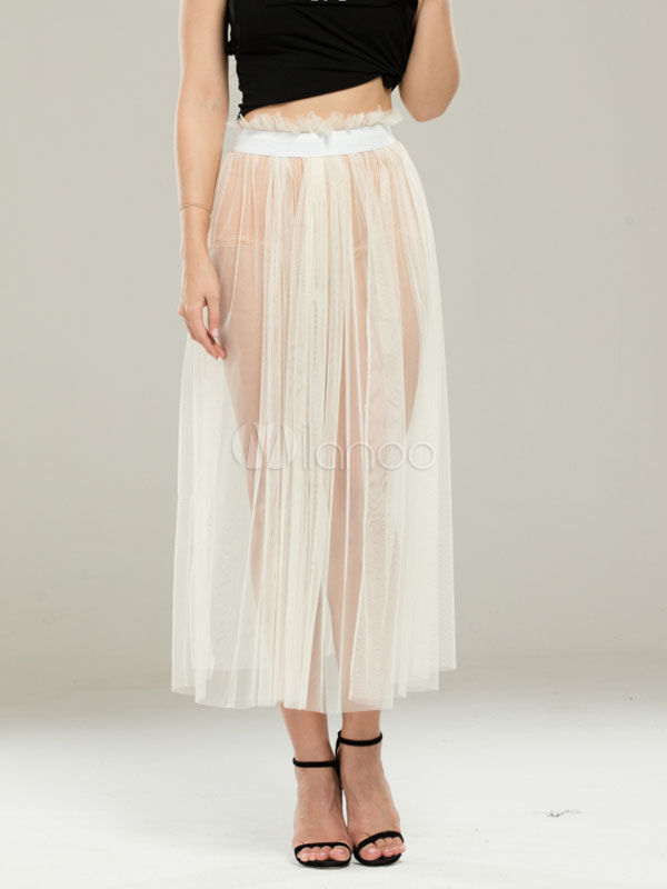 Tulle White Skirt Women's Pleated Semi-Sheer Maxi Skirt
