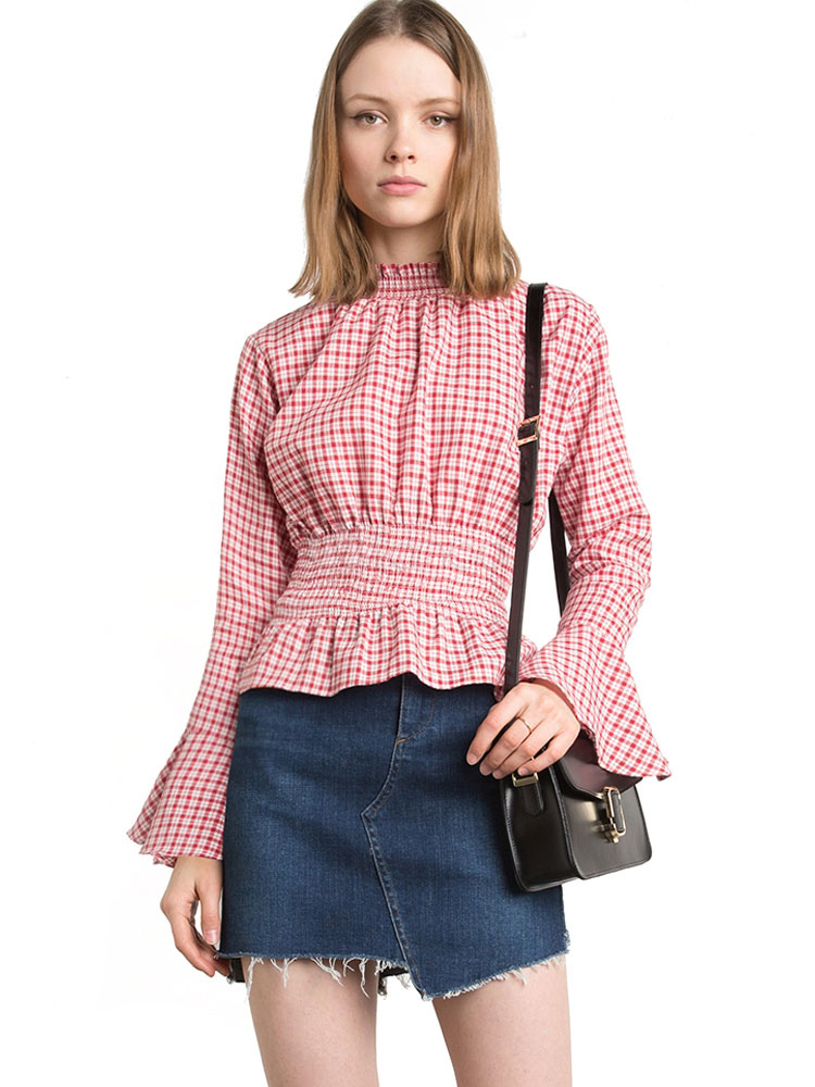 Red Cotton Blouse Women's High Collar Long Flared Sleeve Checkered ...