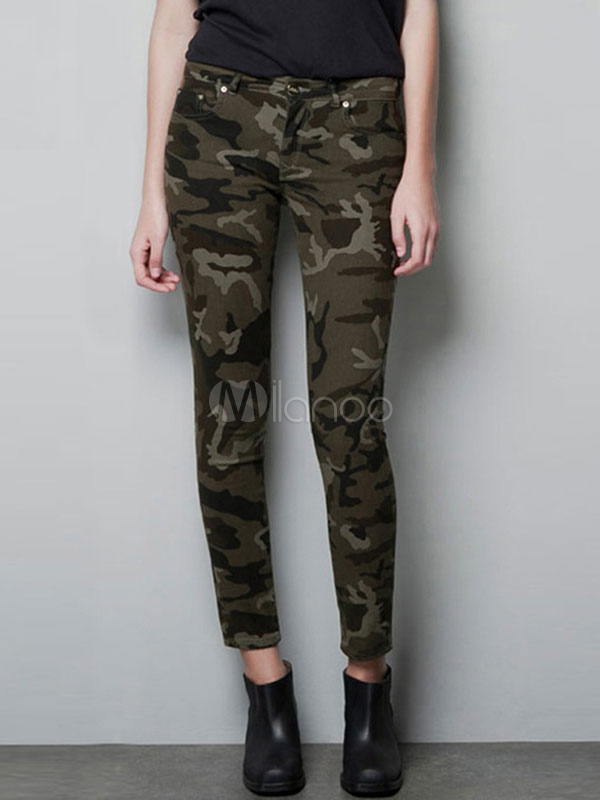レディースズボン 迷彩色 スキニー ナチュラルウェストライン ポリエステル ボタン シック モダン カモフラージュ柄 Milanoo Jp