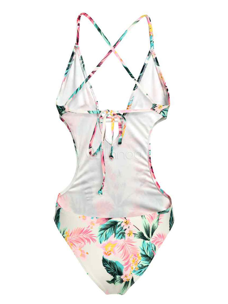 Sexy One Piece Swimsuit Light Green Plunging Neck Sleeveless Printed