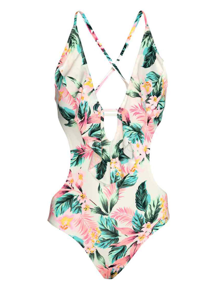 Sexy One Piece Swimsuit Light Green Plunging Neck Sleeveless Printed ...