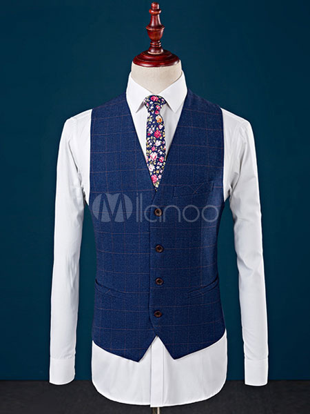 Blue Wedding Suit Plaided Prom Suit Notch Laple Slit Three Piece Groom ...