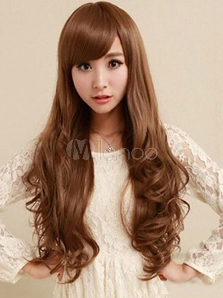 Long Hair Wigs Deep Brown Side Bangs Curly Heat Resistant Fiber Wigs For Women