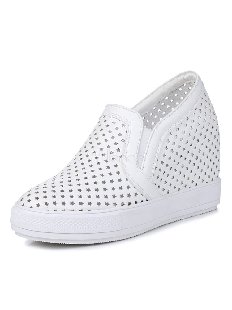 White Wedge Shoes Round Toe Cut Out 