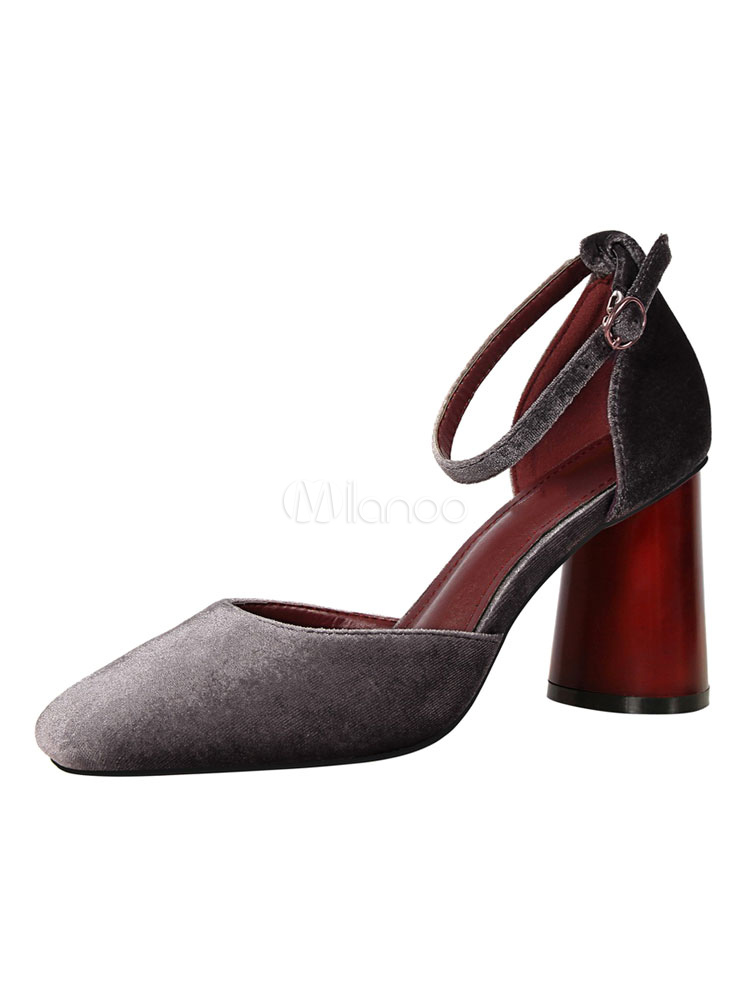 Women's Velvet Pumps Square Toe Ankle Strap Chunky Wood High Heel Shoes