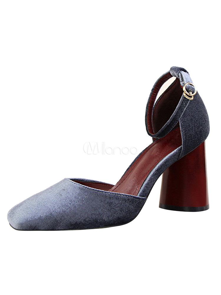 Women's Velvet Pumps Square Toe Ankle Strap Chunky Wood High Heel Shoes