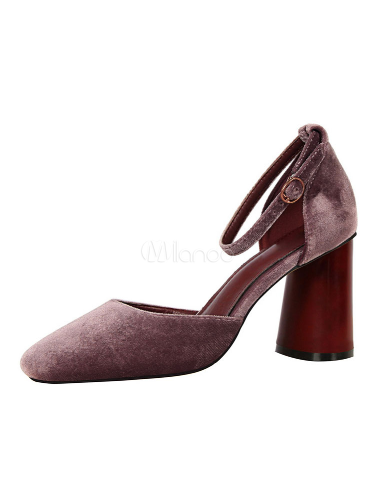 Women's Velvet Pumps Square Toe Ankle Strap Chunky Wood High Heel Shoes