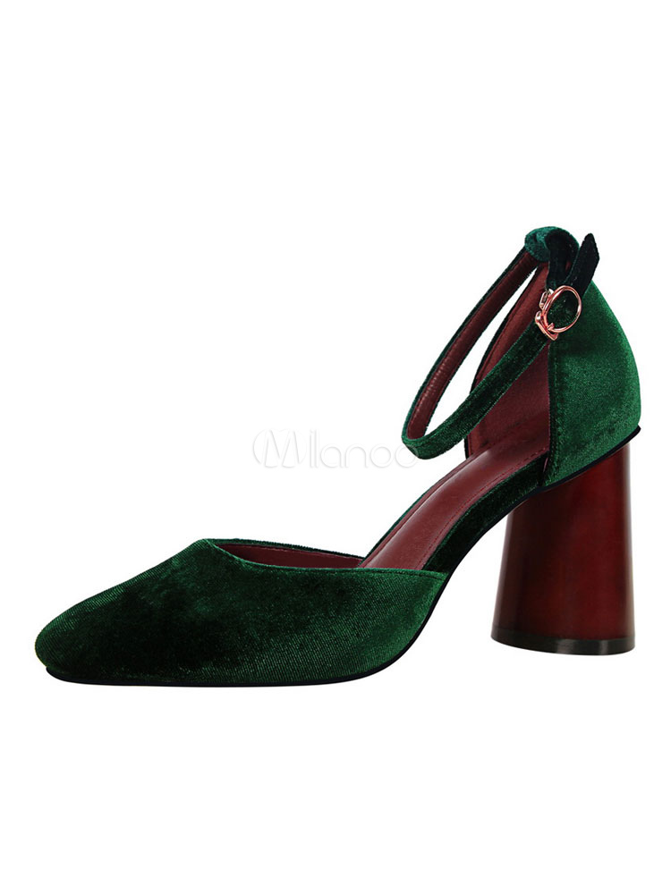 Women's Velvet Pumps Square Toe Ankle Strap Chunky Wood High Heel Shoes