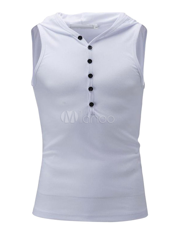 メンズタンクトップ コットン フード付き 無地 ボタン Milanoo Jp