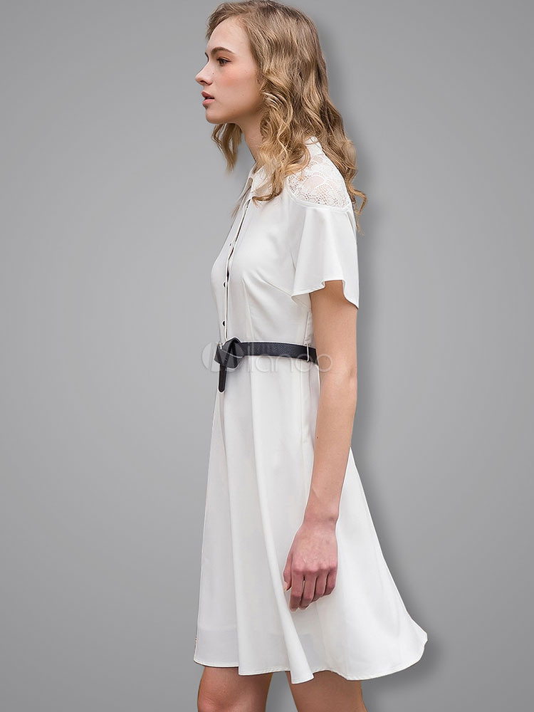 White Shift Dress Turndown Collar Short Sleeve Pleated Shirt Dress With