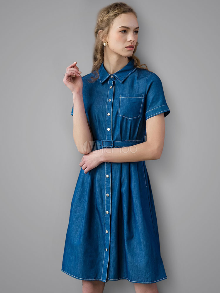 Vestito chemisier medio donna casuale blu con colletto maniche corte  monocolore - Milanoo.com