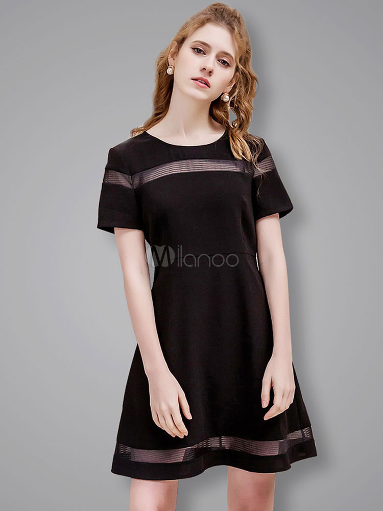 black short sleeve round neck patchwork dress