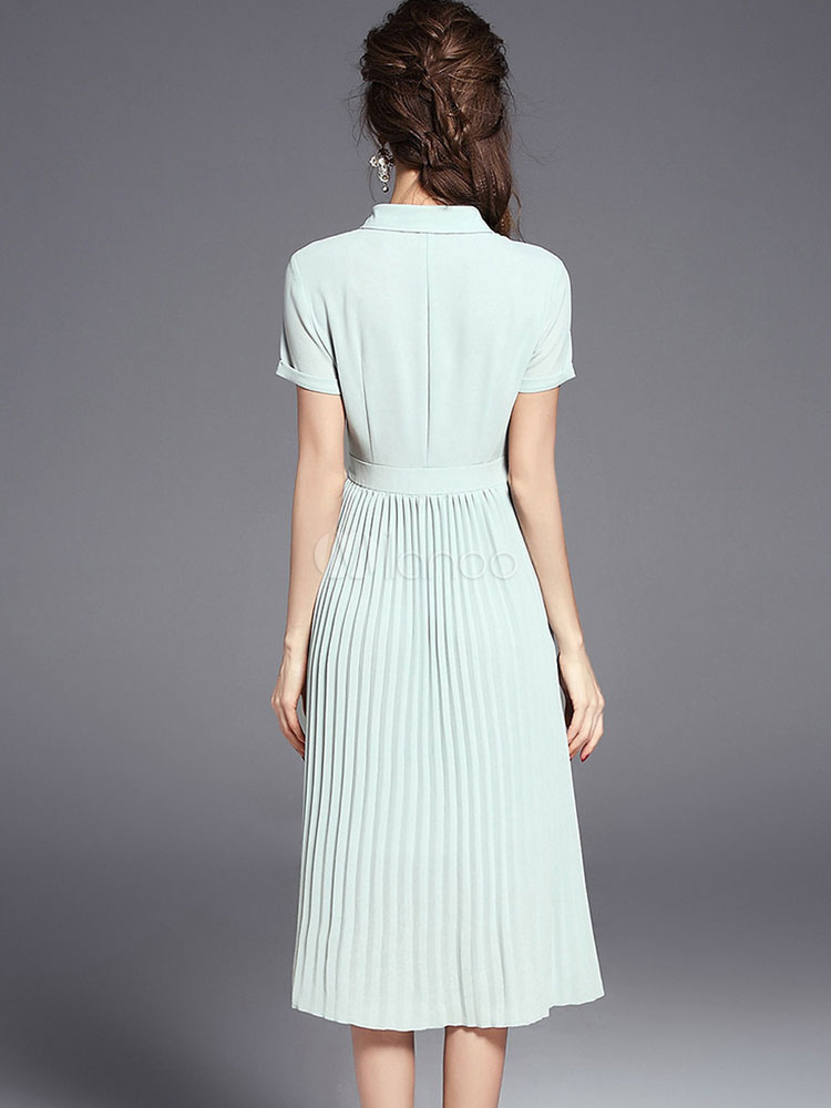 Light Green Dress Short Sleeve Pleated Women's Summer Shirt Dresses