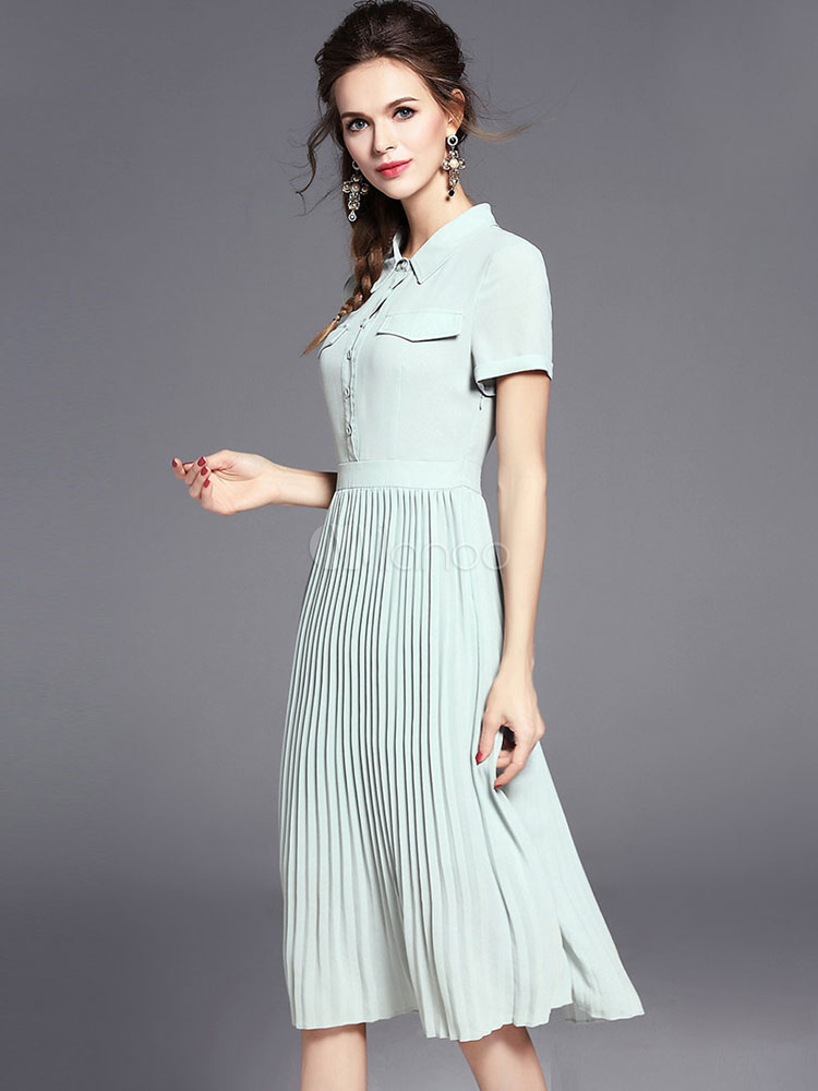 Light Green Dress Short Sleeve Pleated Women's Summer Shirt Dresses