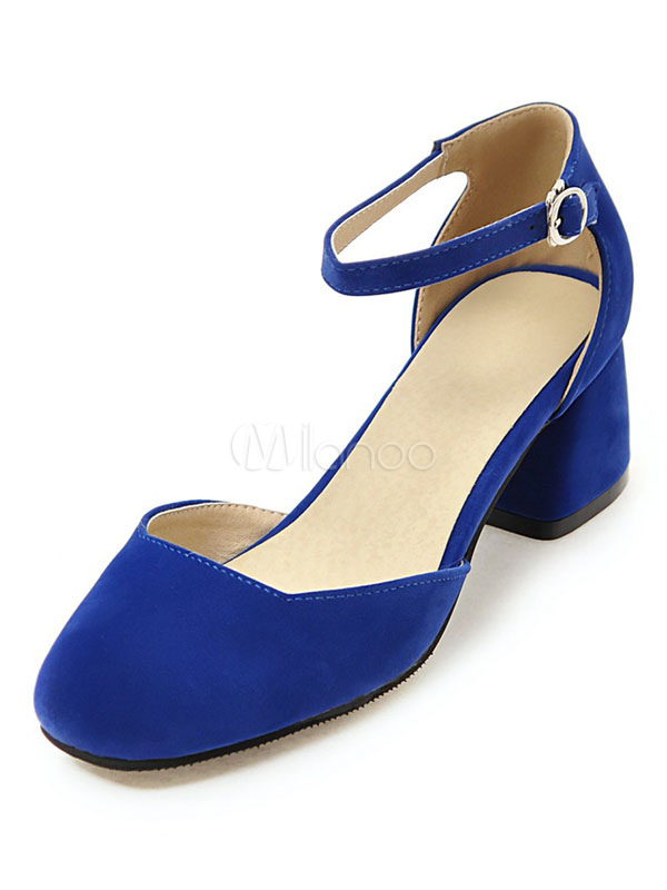 Women's White Pumps Low Heel Suede Square Toe Ankle Strap Pump Shoes