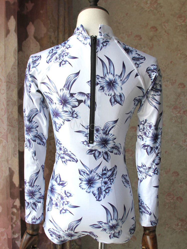 One Piece Swimsuit White Floral Print Board Swimwear Long Sleeve Beach