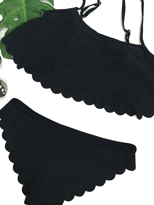Mode Femme Maillot de Bain Femmes | Grâce maillot de bain 2 pièces de plage en acrylique noir unicolore à fines bretelles avec bretelles réglables pour adultes - LB76703