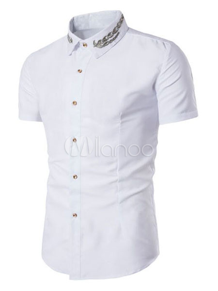 メンズシャツ ストリートウェア 折り襟 刺繍 綿混紡 半袖 プリント柄 Milanoo Jp
