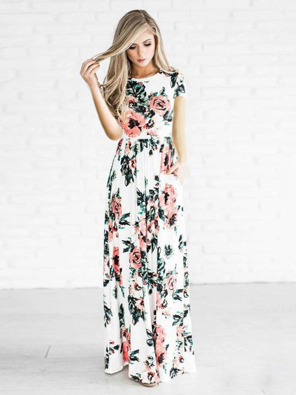 Extensively diagonal temporary Women's Maxi Dress Floral Print Short Sleeve Summer Long Warp Dress -  Milanoo.com