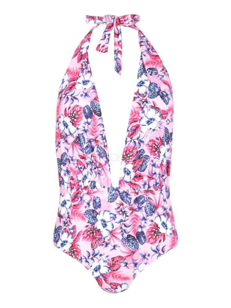 Sexy Bathing Suit Pink Floral Printed Plunging Neck Sleeveless Backless