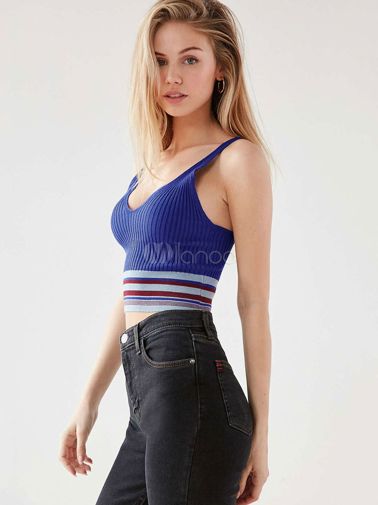 Blue Crop Top Women's Strappy Sleeveless Striped Knit Top