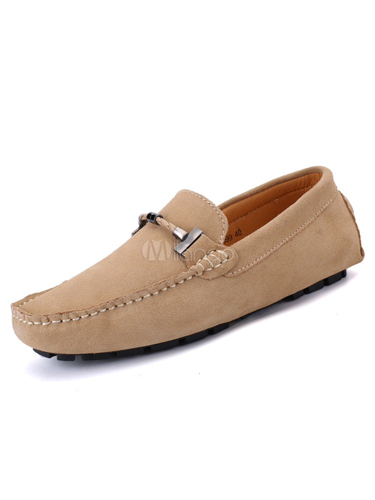Light Brown Loafers Leather Men's Square Toe Metal Detail Slip On Flat ...
