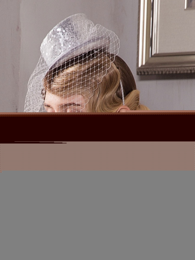 Vintage Hair Fascinator Veil Bird Cage Sequined Hat Silver Gray