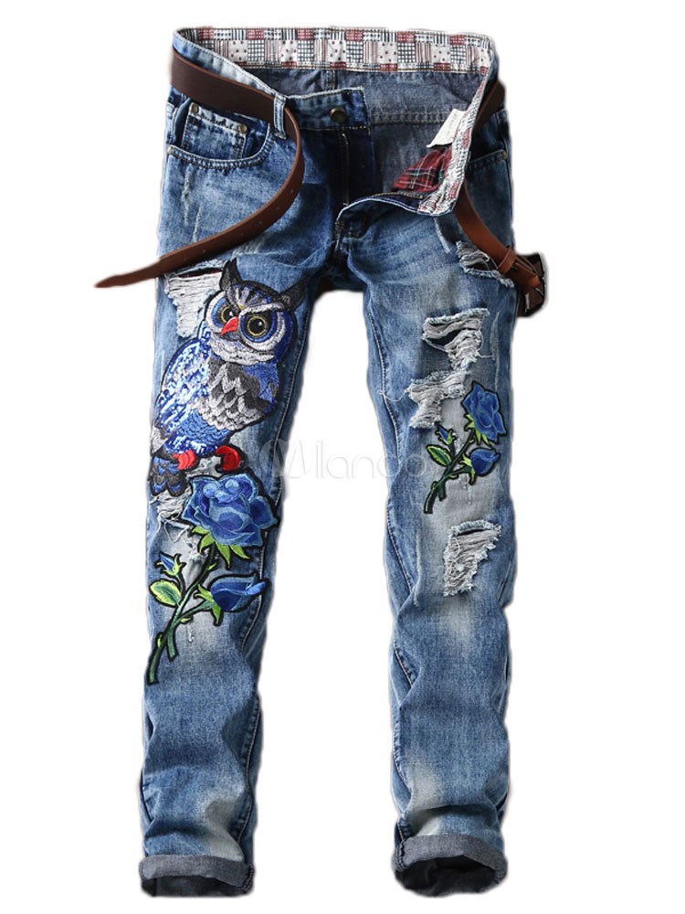 Pantalones Vaqueros De Tela Vaquera Azul Con Dibujo De Animal De Perneras Estrechas Azul Estilo Informal Para Ocasion Informal Milanoo Com