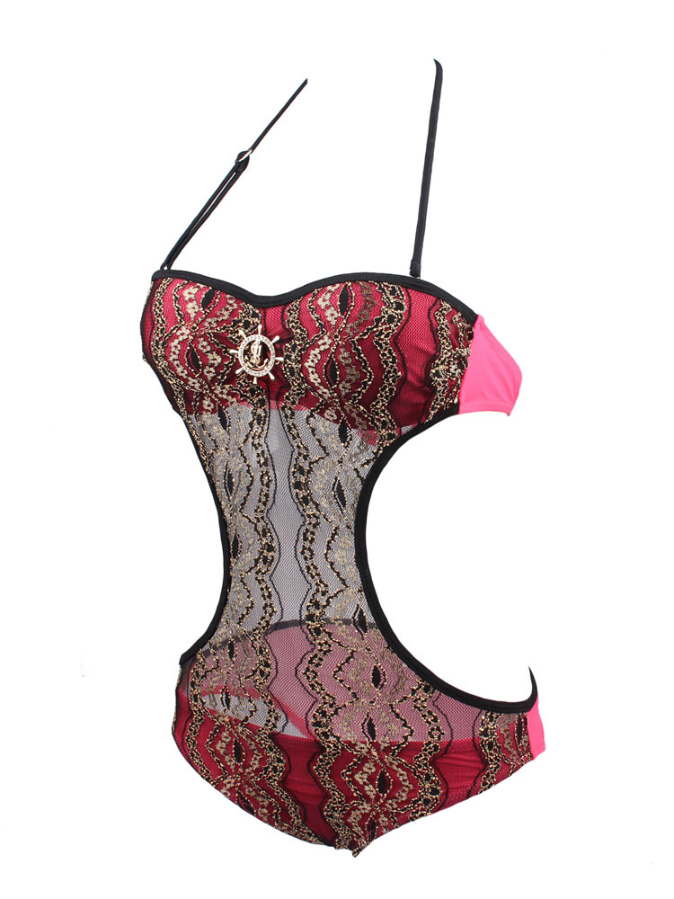 Burgundy Monokini Swimsuit Halter Lace Illusion Women S One Piece Bathing Suits