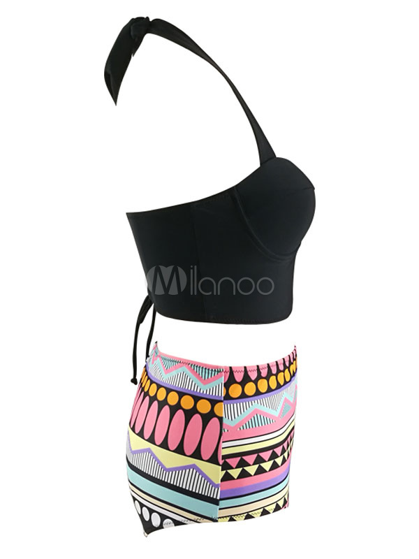Black Bathing Suits Geometric Print Lace Up High Waisted Two Piece