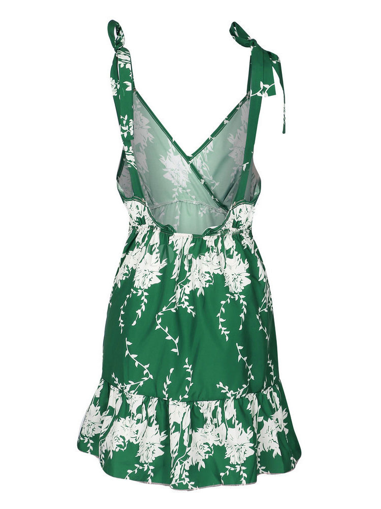 Green Short Dress Boho Strappy V Neck Sleeveless Lace Up Printed Summer ...