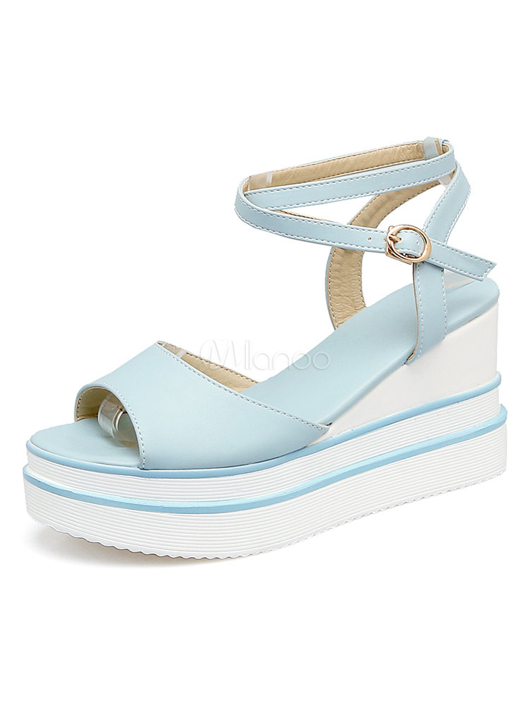 Women's Wedge Sandals Light Blue Strappy Buckled Color Block Platform High Heel Sandals 