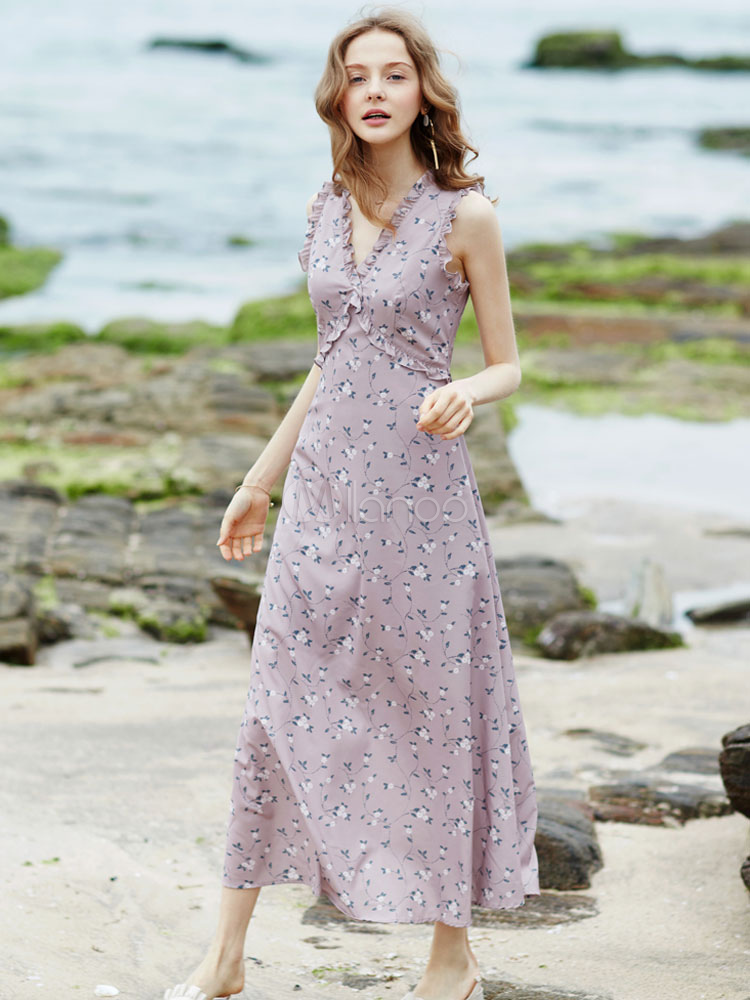 Lavender Maxi Dress Floral Printed V Neck Sleeveless Long Dress For