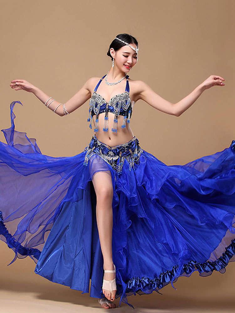 Belly Dance Costume Blue Sexy High Split Beaded Tassels Belly Dancing