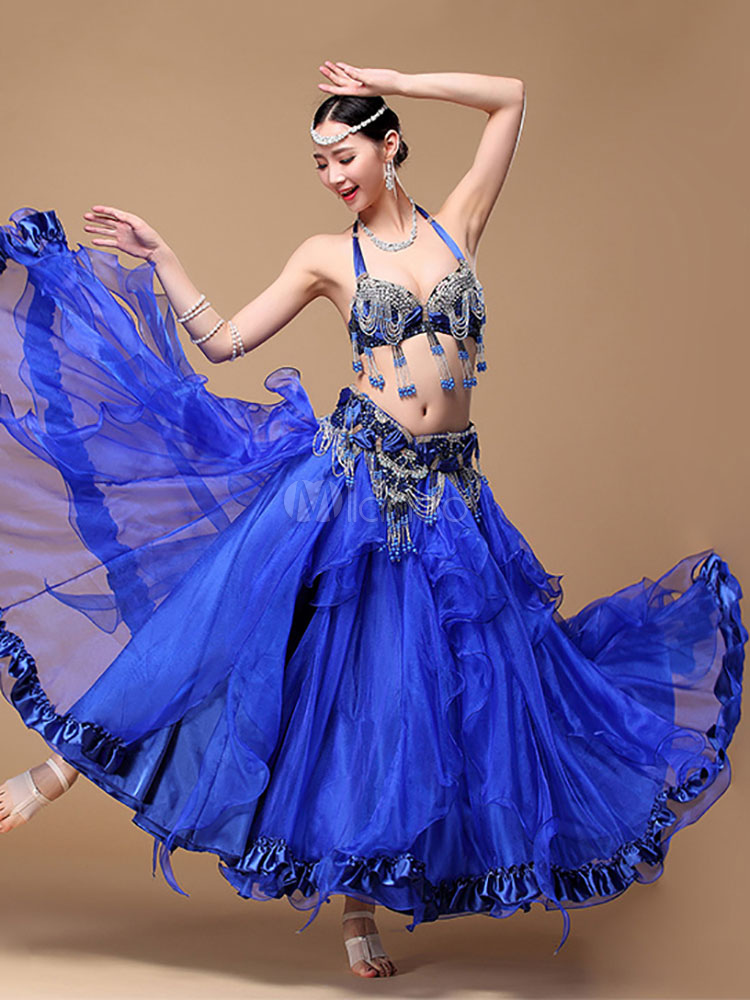 Belly Dance Costume Blue Sexy High Split Beaded Tassels Belly Dancing Long Skirt And Halter Top