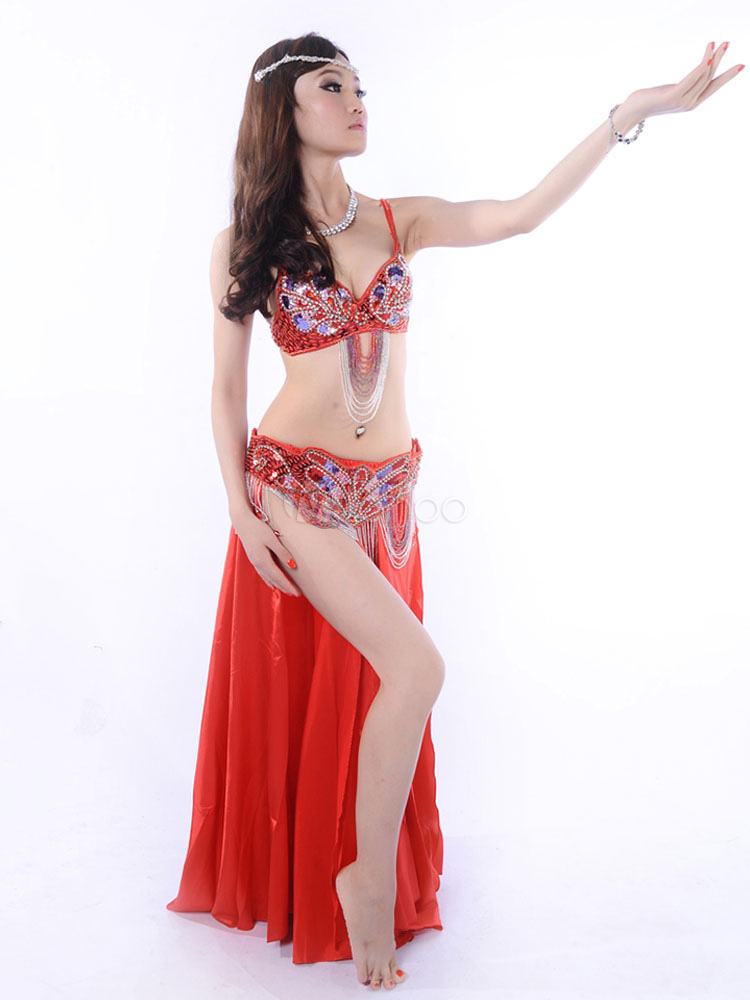 Belly Dance Costume Red Sexy Sequins Beaded Tassels Belly Dancing Long