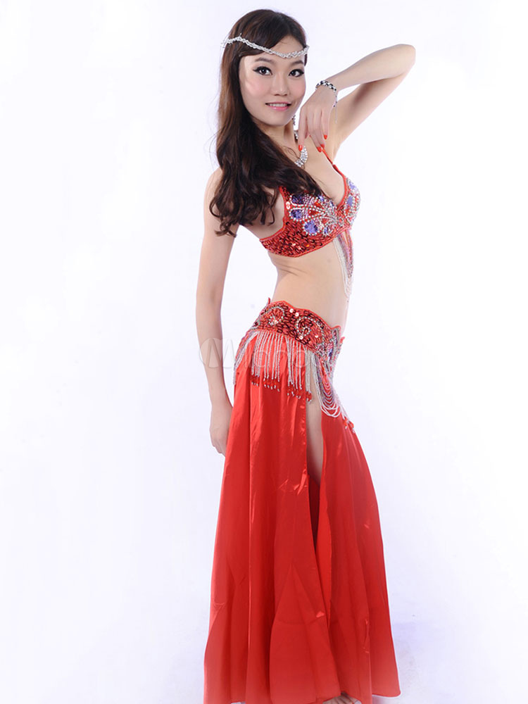 Belly Dance Costume Red Sexy Sequins Beaded Tassels Belly Dancing Long