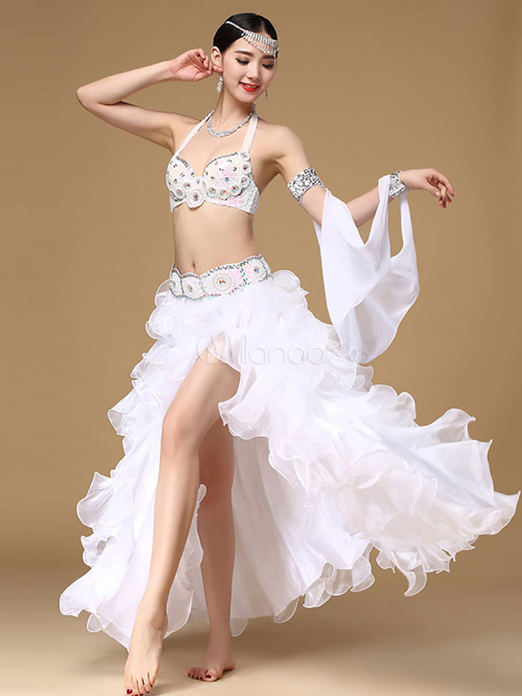 White Belly Dance Costume Flare Armwear With Luxurious Beaded Sexy Bra 9051