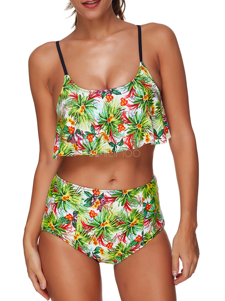 Green Bathing Suits Floral Print High Waisted Women's 2 Piece Beach