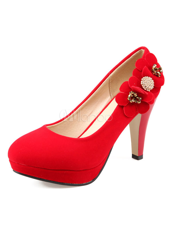 Scarpe sposa matrimonio rosse velluto a coste tacco a fino 9cm mandorla  fiore chic \u0026 moderne - Milanoo.com