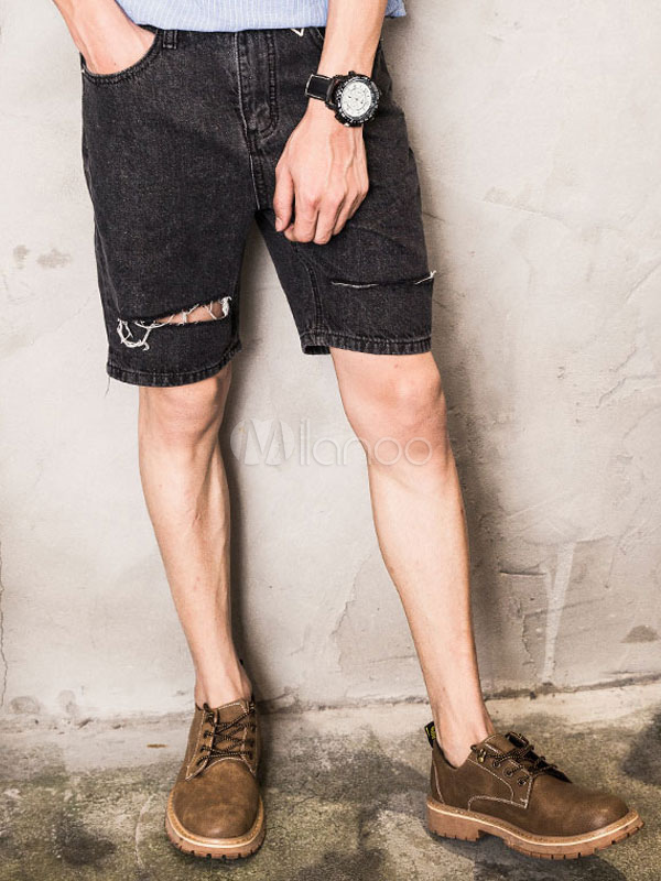 Men's Denim Shorts Cut Out Ragged Deep Grey Capri Shorts