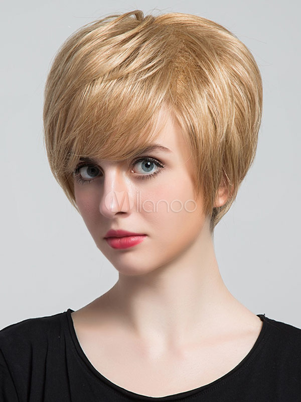 Short Straight Wigs Boy Cut Deep Apricot Side Swept Bangs Women S Human Hair Wigs