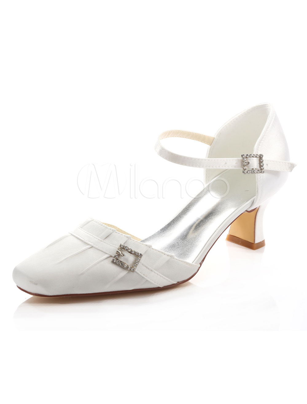 Ivory Wedding Shoes Silk Low Heel Square Toe Rhinestones Buckle Detail ...
