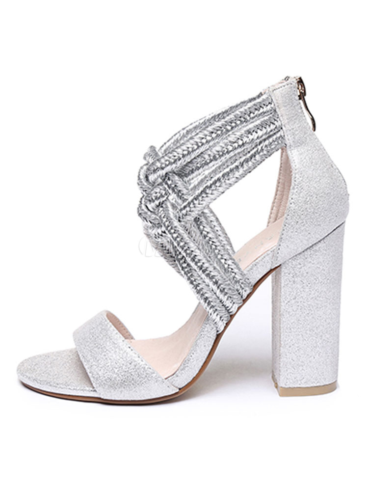 strappy silver chunky heels
