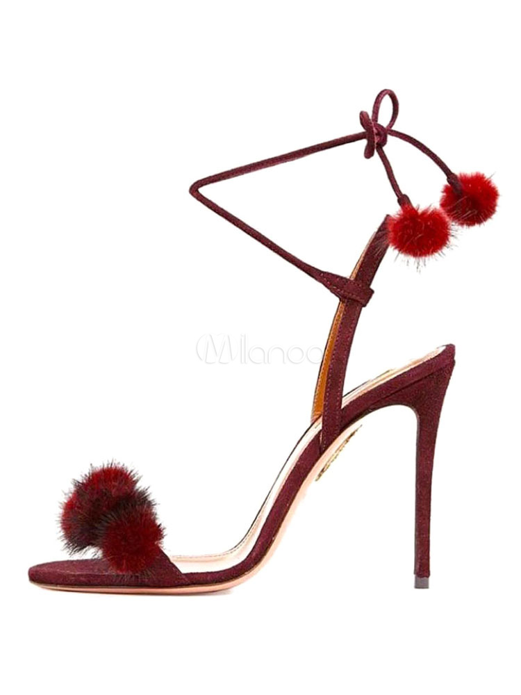 High Heel Sandals Suede Red Open Toe Stiletto Lace Up Sandal Shoes With ...