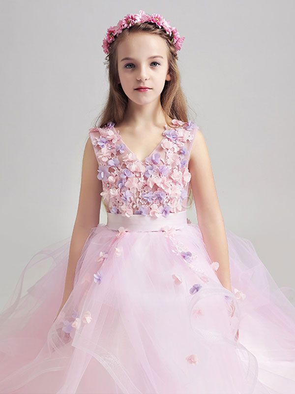 Princess Flower Girl Dresses Organza Applique Soft Pink Sash Floor ...