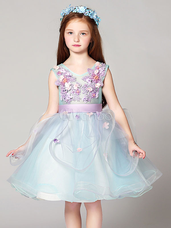 Flower Girl Dresses Organza Applique Tutu Dress V Neck Pastel Blue Sash ...